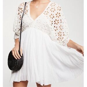 Free People Mini Dress Bella Note Eyelet Arms V Neck Fit Flare White Size Small